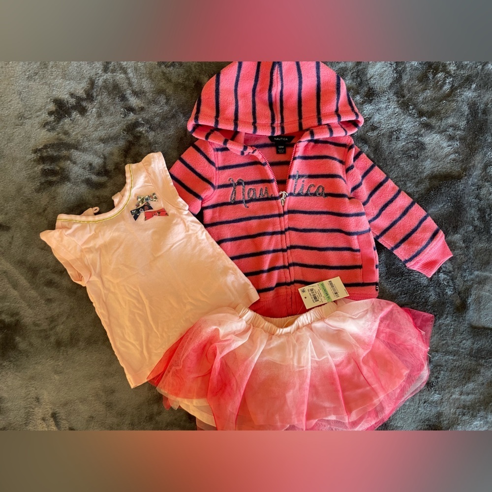 Bundle of 3: NWT skirt + nautica fleece hoodie + top in softest pink size 12M